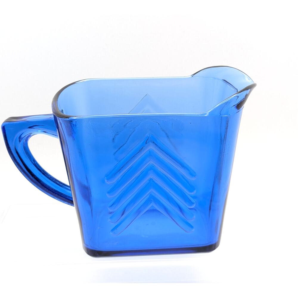 Hazel Atlas Cobalt Blue Glass Creamer Pitcher Chevron Geometric Art Deco 5.75in